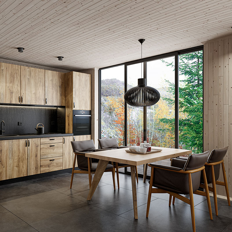 Modern kitchen featuring rustic oak cabinets with classic detailing