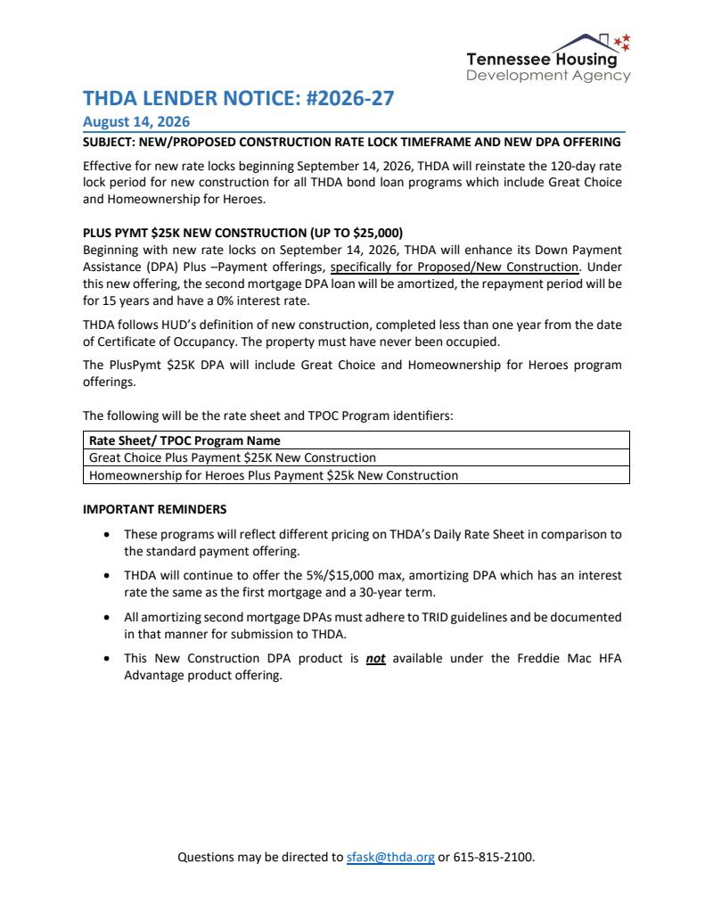 New Thda Dpa Plus Program With up to $25,000 Towards the Purchase of New Home Construction